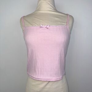 Baby Pink Ribbed Lace Trim Camisole Tank Top Bow Detail Stretchy Y2K medium